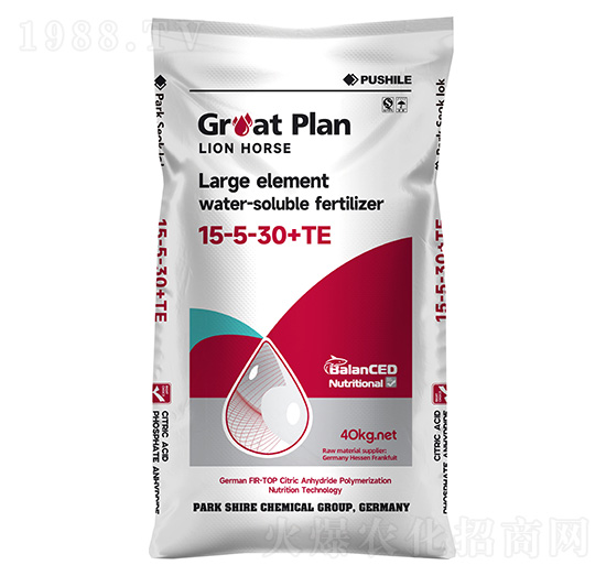40kg大量元素水溶肥料15-5-30+TE-獅瑪宏圖-海澤藍(lán)